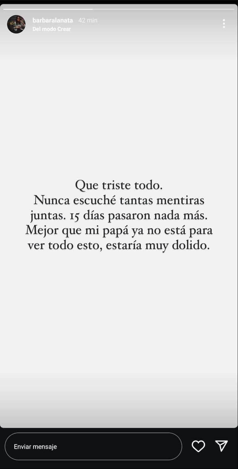 El mensaje que escribió Bárbara Lanata a 15 días de la muerte de su papá. (Foto: Instagram/barbaralanata)