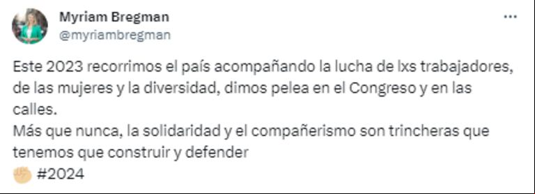 El mensaje que Myriam Bregman publicó en X por fin de año (Foto: Captura X/myriambregman