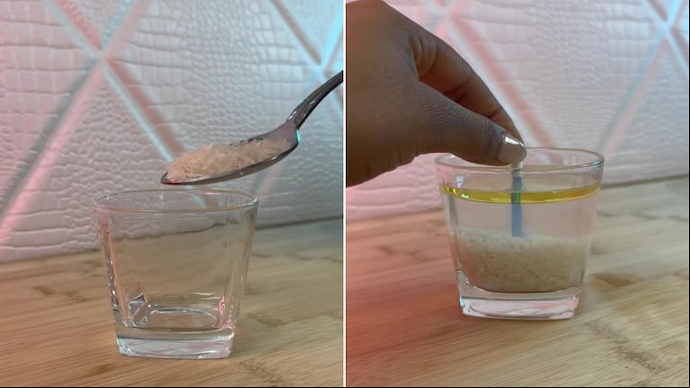 El método viral necesita cinco elementos: vaso, arroz, agua, aceite e hisopo. (Foto: Facebook)