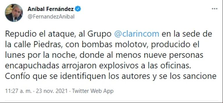 El ministro de Seguridad Aníbal Fernández repudió el ataque a la sede de Clarín (Foto: captura Twitter @FernandezAnibal).