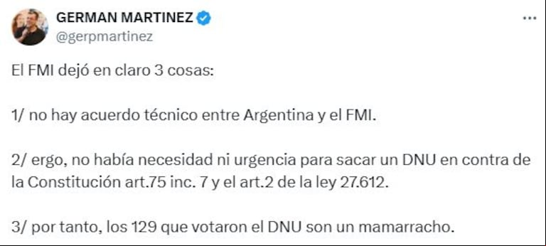El peronismo apuntó contra los diputados que aprobaron las negociaciones con el FMI. (Foto: captura X @gerpmartinez)