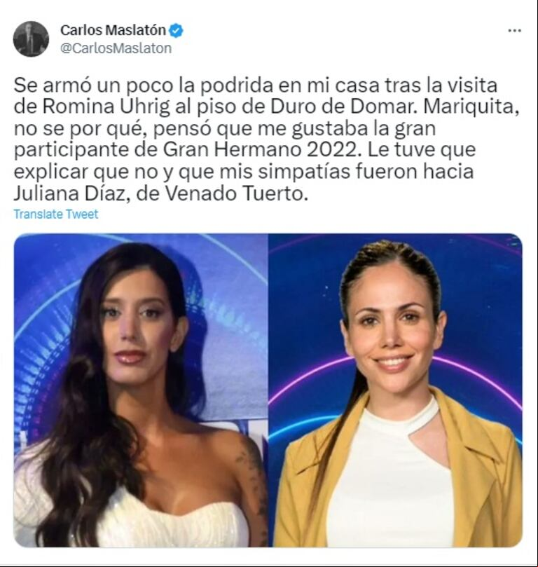 El polémico tuit de Carlos Maslatón con Romina Uhrig y Juliana Díaz. (Foto: Twitter / Carlos Maslatón)