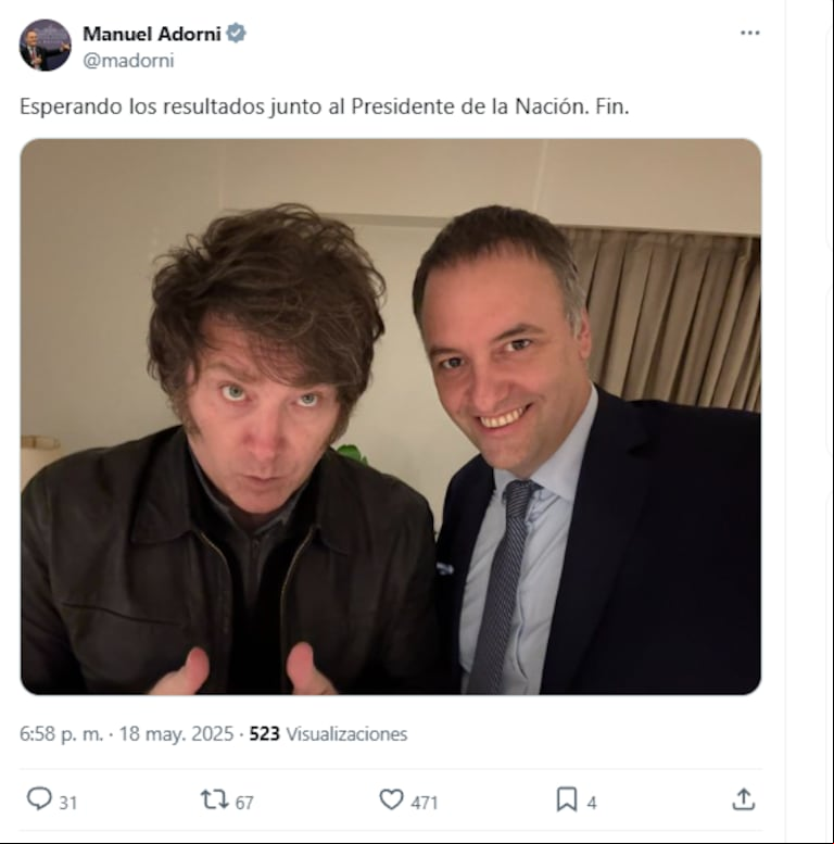 El posteo de Adorni en la sede de LLA con Milei. (Foto: Captura  X / @madorni)