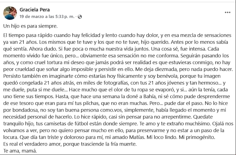 El posteo de Graciela, en el último aniversario del crimen de su hijo. (Foto: Facebook Graciela Pera).