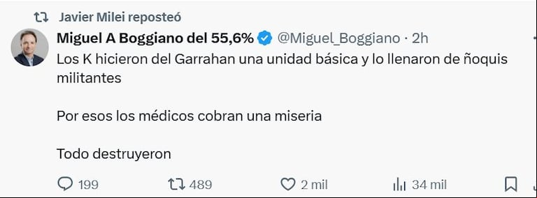 El posteo de Javier Milei en medio del conflicto por el Garrahan. (Foto: captura de X).