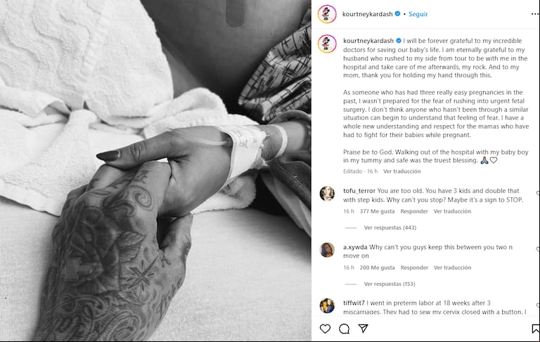 El posteo de Kourtney Kardashian internada (Instagram).