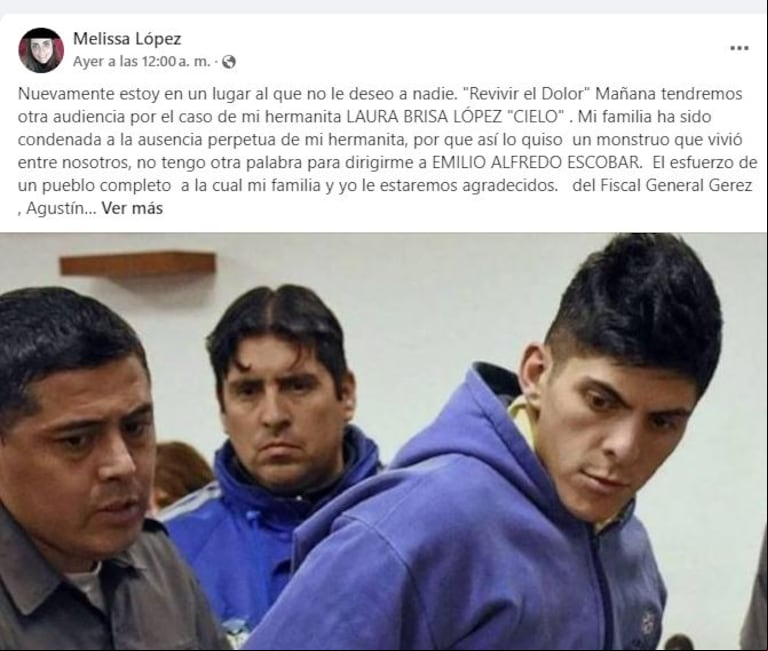El posteo de la hermana de Cielo López en las redes. (Foto: Facebook).