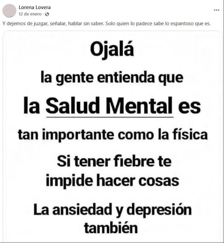 El posteo de Lorena Lovera. (Foto: captura de Facebook Lorena Lovera)