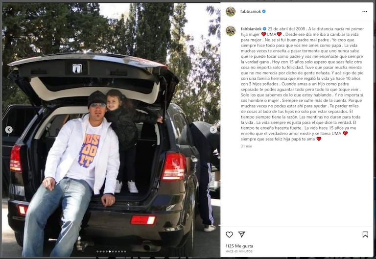 El posteo del Ogro Fabbiani para su hija Uma, que cumplió 15 años. (Instagram)