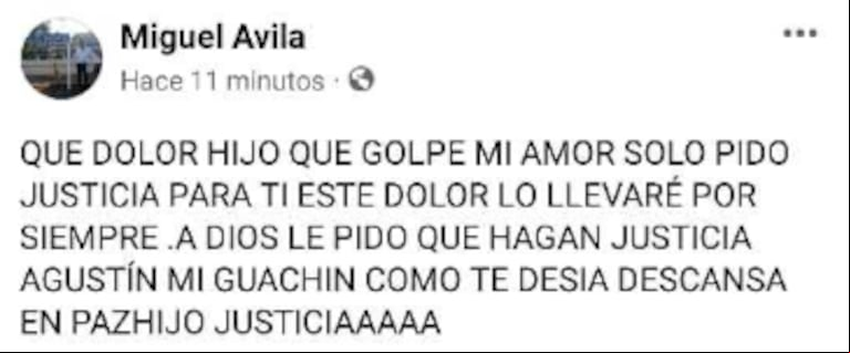 El posteo del papá de la víctima. (Foto: captura Facebook/Miguel Avila)