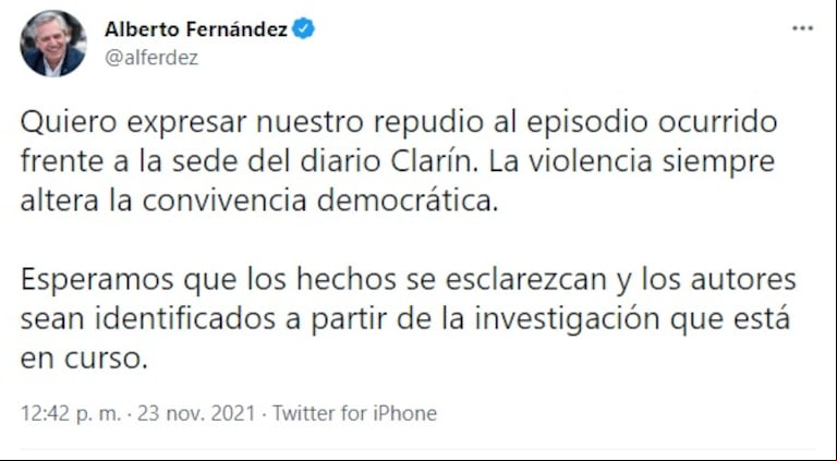 El presidente Alberto Fernández repudió el ataque a la sede de Clarín (Foto: captura Twitter @alferdez).