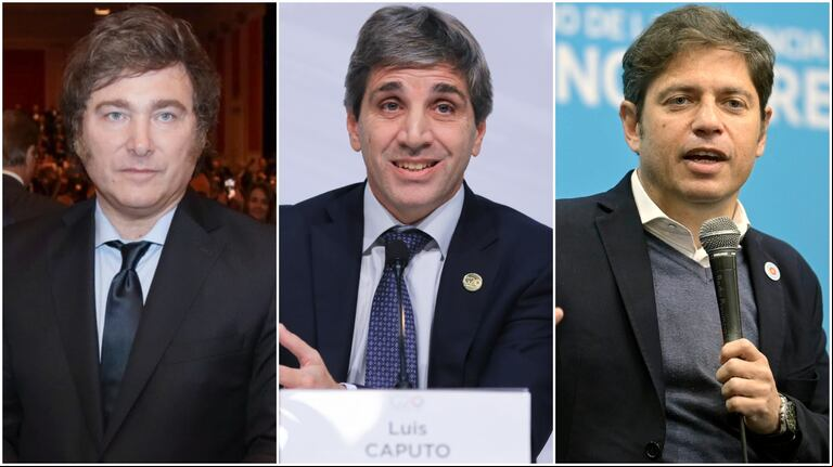 El presidente, Javier Milei, el ministro de Economía, Luis "Toto" Caputo, y el gobernador bonaerense, Axel Kicillof, expresaron sus mensajes para el 2024 (Foto: NA).