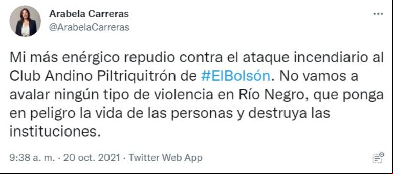 El repudio de Carreras en Twitter.