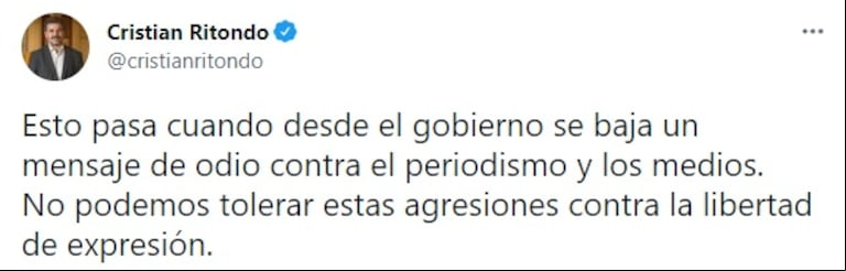 El titular del bloque del PRO en Diputados Cristian Ritondo repudió el ataque a la sede de Clarín (Foto: captura Twitter @cristianritondo).