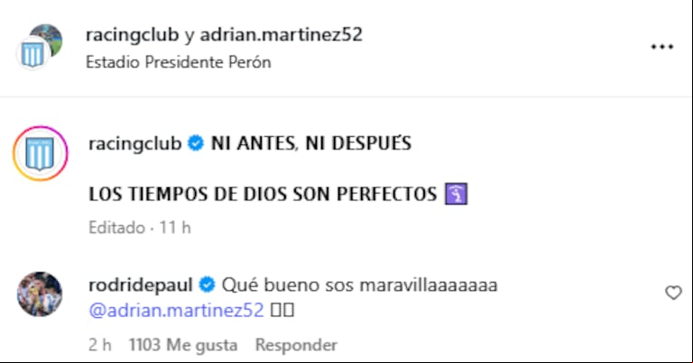 El tremendo elogio de Rodrigo de Paul para Maravilla Martínez. (Foto: Captura racingclub/IG)