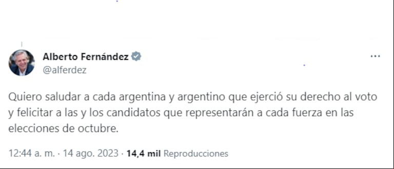 El tuit de Alberto Fernández. (Twitter: alferdez)