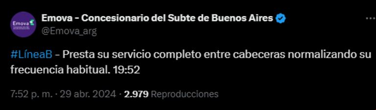 El tuit de Emova, la empresa concesionaria de la red subte (Foto: X @Emova_arg)