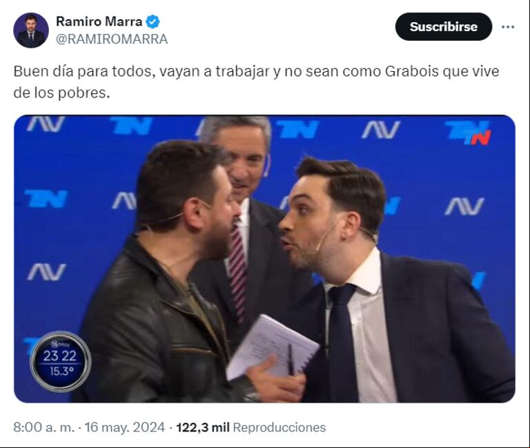 El tuit de Marra a Grabois tras el cruce en A Dos Voces. (Foto: captura X)