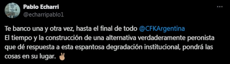 El tuit de Pablo Echarri en apoyo a Cristina Kirchner. (Foto: X / echarripablo1)