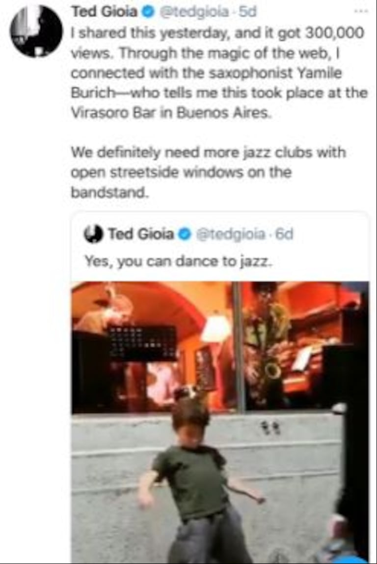 El tuit del historiador y crítico de jazz estadounidense (Foto: Gentileza Yamile Burich)