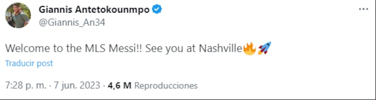 El tweet de Giannis de bienvenida para Messi. (Foto: Captura).
