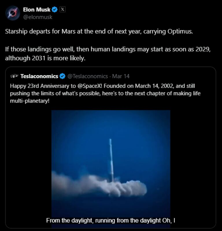 Elon Musk anuncia que el cohete Starship viajará a Marte en 2026 (Captura X.com/ @elonmusk)