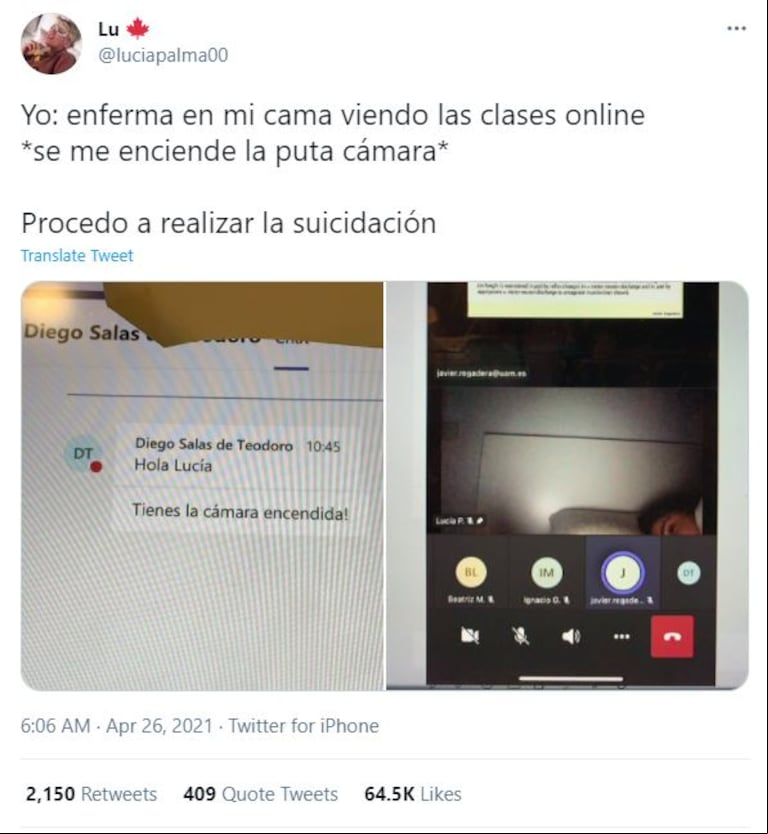 Estaba enferma en la cama, se le prendió la cámara en medio de una clase virtual y se hizo viral