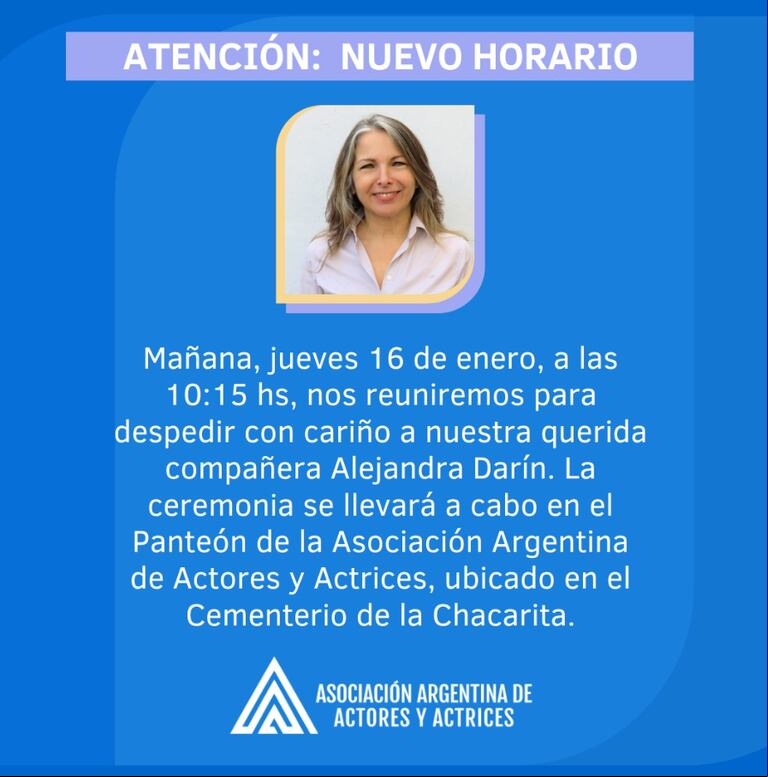 Familiares, amigos y colegas despedirán a Alejandra Darín este jueves en el Panteón de Actores del Cementerio de la Chacarita. (Foto: Asociación Argentina de Actores)