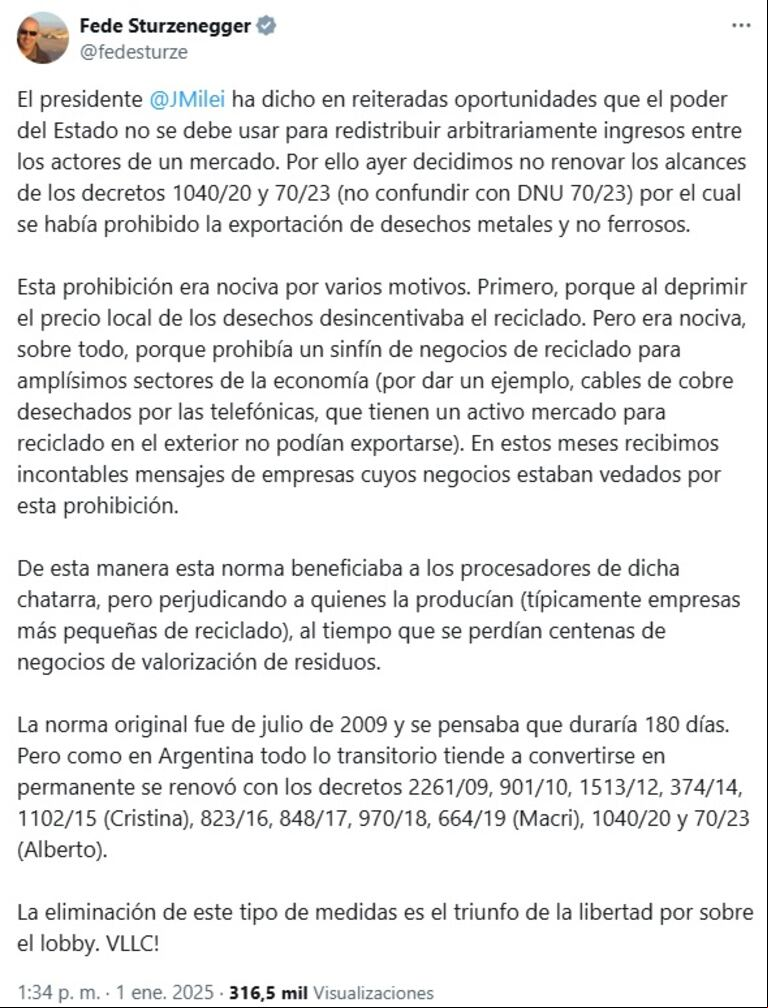 Federico Sturzenegger anunció la habilitación de la exportación de chatarra y residuos metálicos, que estaba prohibida desde 2009. (Foto: captura X @fedesturze)