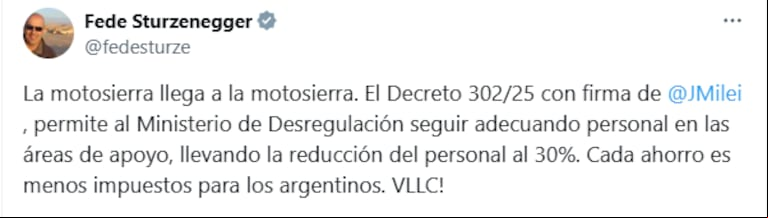 Federico Sturzenegger anunció una reducción del 30% del personal del Ministerio de Desregulación. (Foto: captura de X).