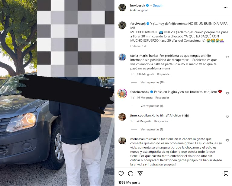 Fernanda Vives mostró el auto que chocó a su 0 km. (Foto: Instagram / fervivesok)