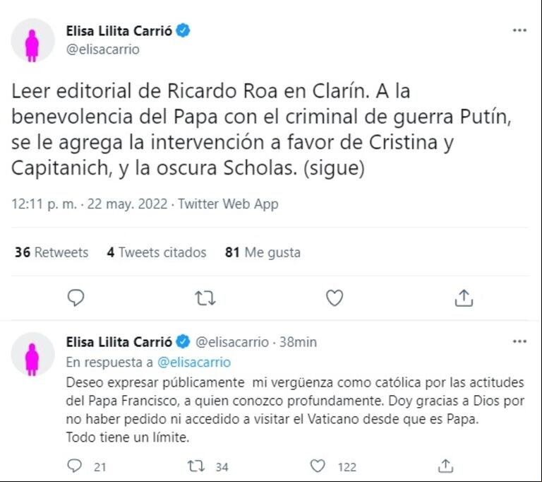 Fuertes críticas de la líder de la Coalición Cívica Elisa Carrió al papa Francisco (Foto: captura Twitter @elisacarrio).