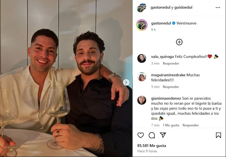 Gastón y Guido Edul, hermanos mellizos, en el día de su cumpleaños número 29 (Foto: IG Gastón Edul).