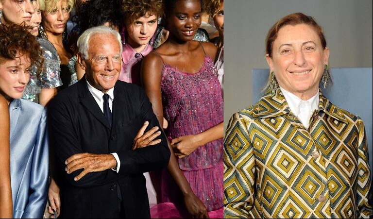Giorgio Armani y Miuccia Prada hacen campaña de concientización sobre la sustentabilidad. (Fotos: Andreas SOLARO / AFP y AFP/ OLIVIER MORIN).