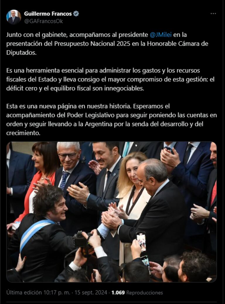 Guillermo Francos, sobre la defensa del Presupuesto 2025 de Javier Milei. (Foto: Captura X / GAFrancosok)