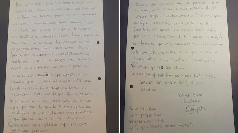 "Hasta mi último suspiro tengo mis derechos", dice la carta que escribió Solange Musse antes de morir. (Gentileza: Pablo Musse / TN)