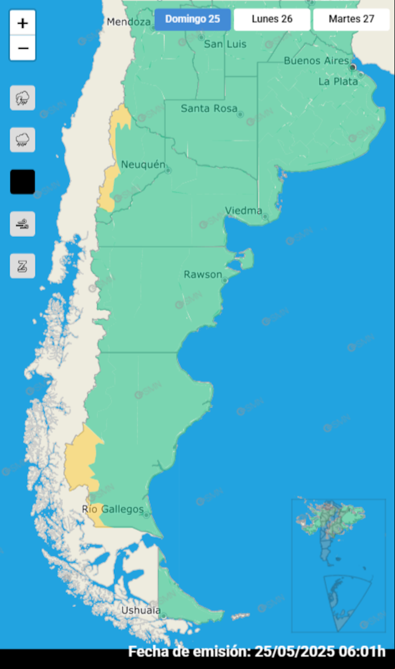 Hay alerta amarilla por nevadas en Neuquén y Santa Cruz. (Captura: smn.gob.ar)