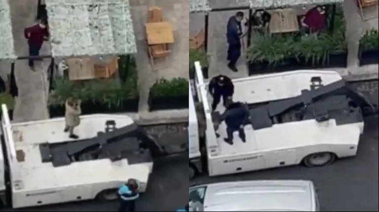 Una mujer cometió una infracción de tránsito y se atrincheró a una grúa para evitar que se llevaran su auto