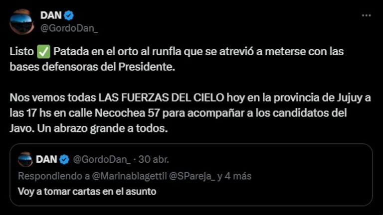 Interna libertaria en Junín: una militante provocó la salida del titular del PAMI tras un tuit y la intervención del "Gordo Dan". (Foto: X/@GordoDan_).