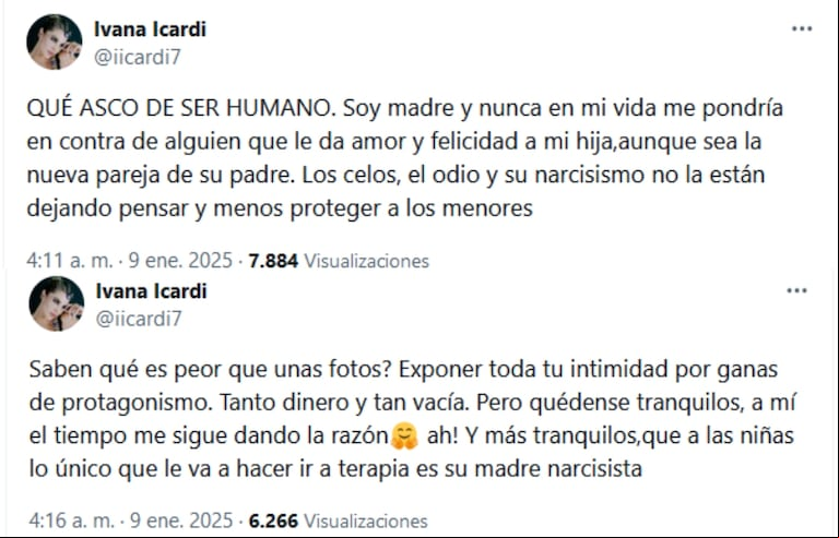 Ivana Icardi se refirió a las fotos que Mauro compartió de sus hijas con la China Suárez y dijo que es "peor exponer la intimidad por ganas de protagonismo". (Foto: captura X/iicardi7)