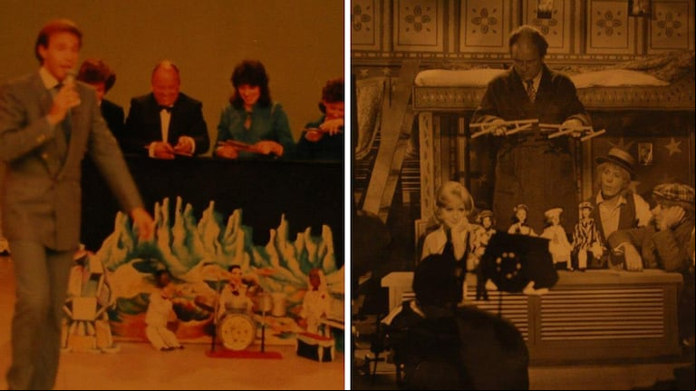 Izquierda: La orquesta de Jazz en, Finalísima, con Leonardo Simmons, año 1986.
Derecha: Héctor Álvarez D'abórmida manejando las marionetas, durante la filmación de la película "Había una vez un circo", con Gaby, Fofó, Miliki y Mercedes Carreras, con Andrea del Boca.