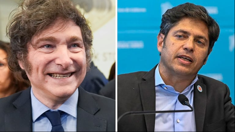 Javier Milei y Axel Kicillof, enfrentados. El Presidente pidió la intervención federal de la Provincia en medio de la conmoción por el crimen de Kim. (Fotos: NA).