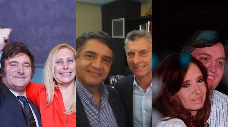 Javier y Karina Milei, Jorge y Mauricio Macri y Cristina y Máximo Kirchner. (Fotos: NA / prensa LLA)