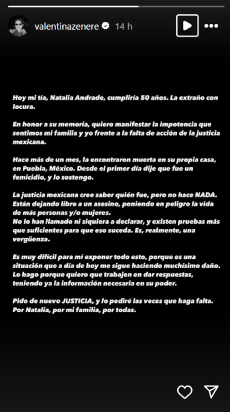 La actriz reiteró la denuncia que hizo hace más de un mes. (Foto: Instagram/@valentinazenere)