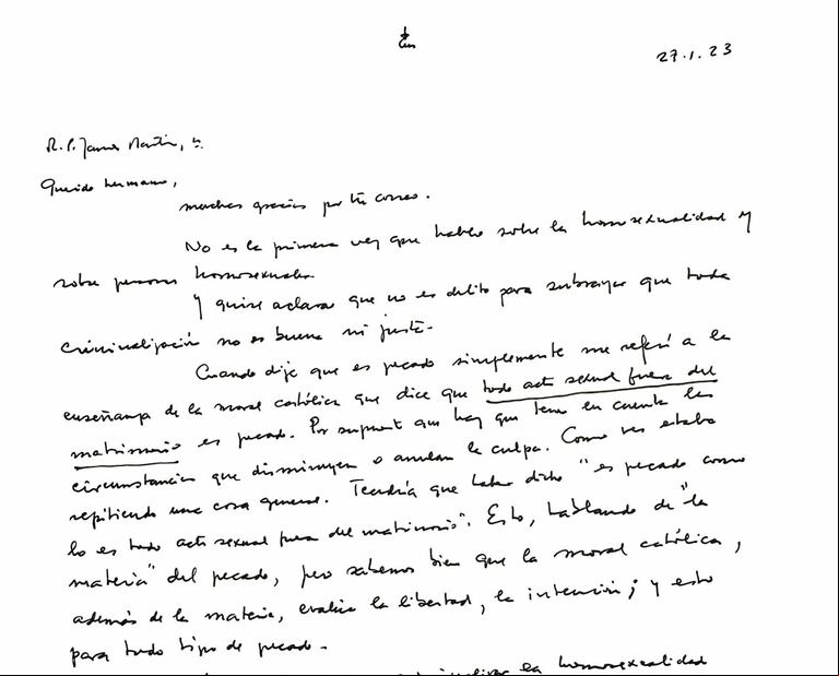 La carta del Papa al cura James Martin. (Foro: gentileza Outreach)