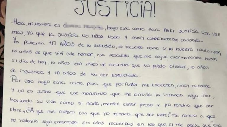 La carta que escribió la víctima para pedir Justicia. (Foto: gentileza La Unión).