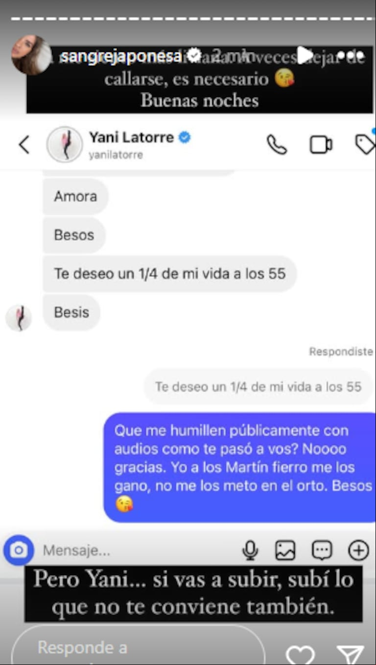 La China Suárez mostró el chat privado con Yanina Latorre (Foto: captura Instagram/sangrejaponesa)