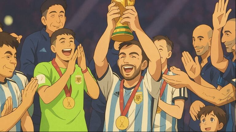 La coronación de Argentina en Qatar, recreada en estilo Ghibli. (Foto: Creada con ChatGPT)