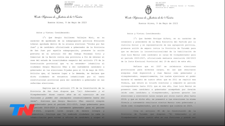 La Corte se declaró competente y falló en contra de las candidaturas de Manzur y Uñac. (Foto: Sentencia Corte Suprema de Justicia)