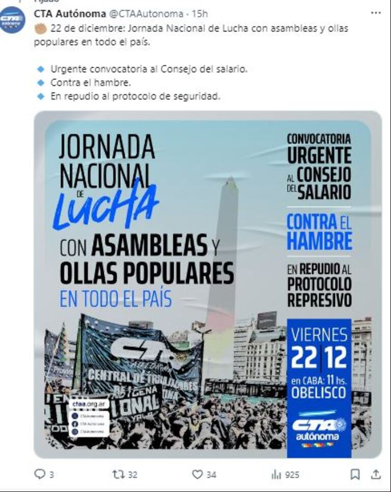 La CTA convocó a una jornada nacional de lucha con asambleas y ollas populares este viernes. (Foto: captura de X/@CTAAutonoma).